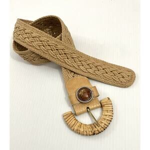 Vintage Woven Braided Raffia Belt Bamboo Buckle Amber Brooch Accent Boho Hippie